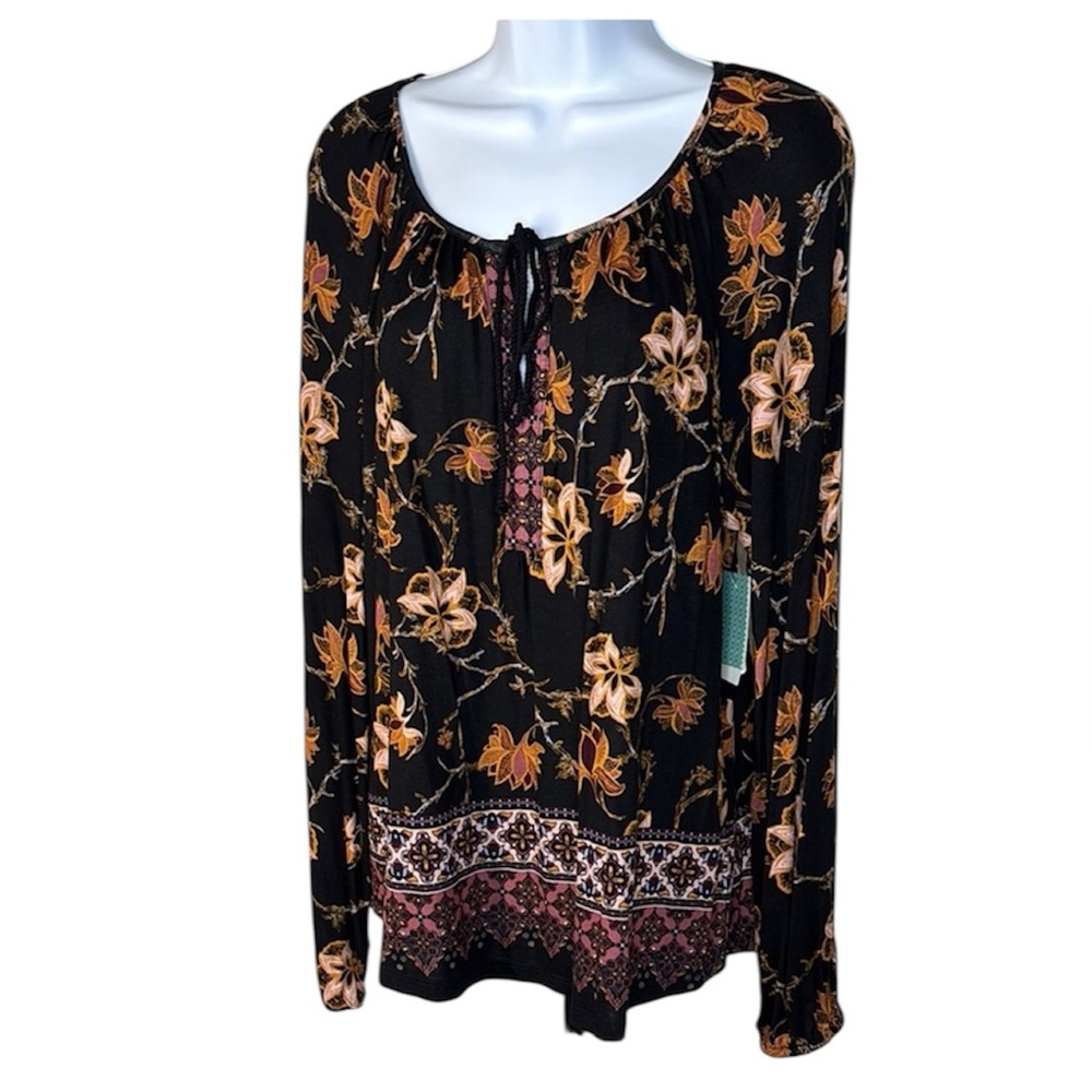 Susina Black and Orange Long Sleeve Tie Front Blouse